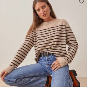 Reformation Cashmere Boyfriend Sweater Oatmeal Stripe neutral striped crew top S